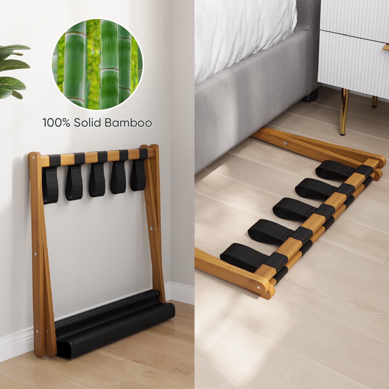 Smart FENDEE Paquete de 2 portaequipajes, soporte plegable para maleta con estante de almacenamiento, soporte de equipaje de bambú resistente que se adapta a la mayoría de tamaños de equipaje, soporta
