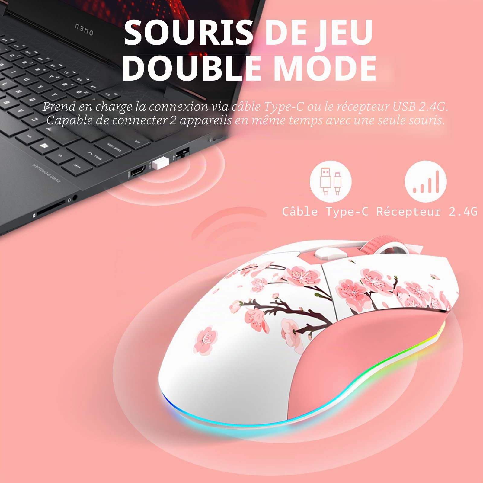DAREU Sakura Souris sans Fil Rose avec Station de Chargement Rechargeable RGB, 12K DPI, 7 Boutons Programmables, Capteur Haute Précision 300IPS 1000Hz Souris Gamer pour PC Notebook Mac- Rose et Blanc