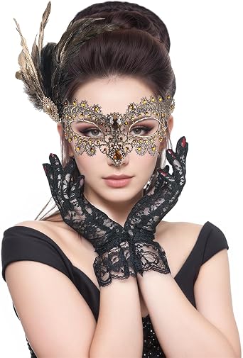 Halloween Masquerade Mask for Women with feathers for Men,Face Costume Couple Mask Carnival Mardi Gras Party