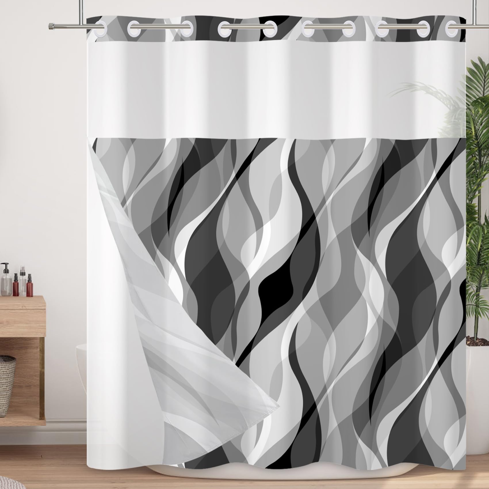 Velaequezii No Hook Shower Curtain with Snap in Liner Set Grey Striped Bath Curtain Double Layers Waterproof Washable Fabric with See Through Mesh Top