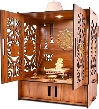 Wooden Temple, Wood Material, Traditional Style Home Decor Wooden Temple Mandir for Home Beautiful Pooja with LED Light and Wall Mounts Big SizeH-17.3, L-11, B-10.6 inch