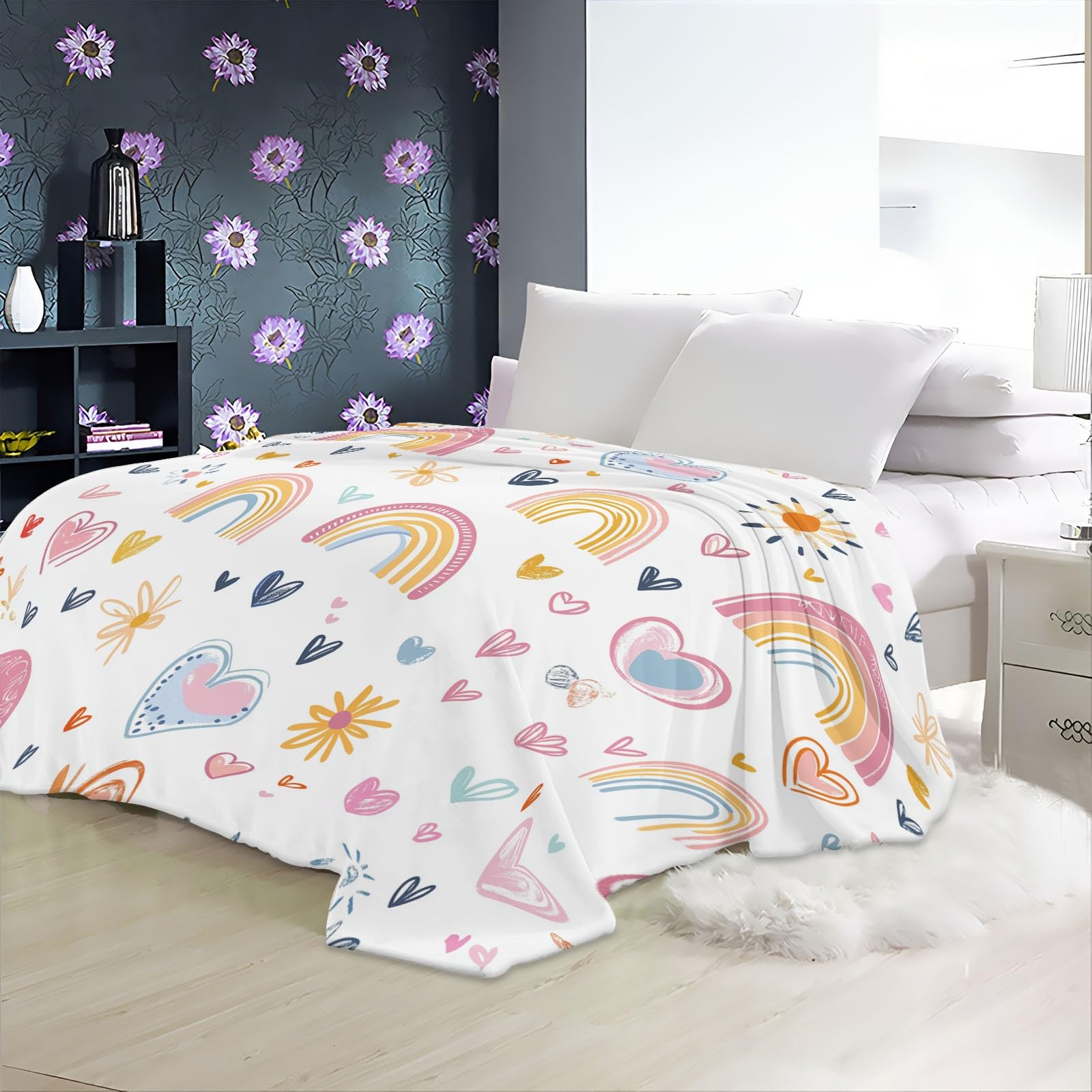 Manta de Forro Polar Rosa Azul Suave y esponjosa, Manta cálida para Cama Flores corazón arcoíris adorables para Dormitorio Sala de Estar Oficina 180 x 220 cm