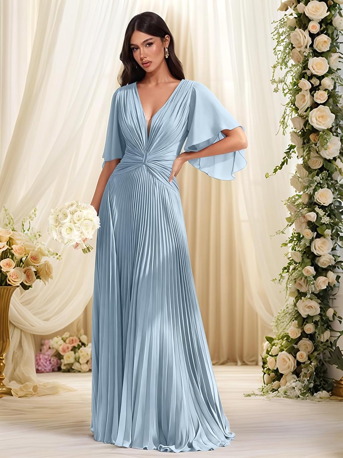 VOfuter Pleated Chiffon Bridesmaid Dresses Flutter Sleeves Deep V-Neck Formal Dress for Women