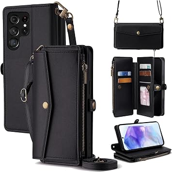 For Galaxy S22 Ultra Case, Wallet Type For Galaxy S22 Ultra SC-52C/SCG14 Notebook Type, Shoulder Strap, 2 Long + Short, Holds 5 Cards, 1 Photo Storage Stand, 1 Cash Storage, 1 Zipper Pocket, Anti-Drop, Anti-Moss, Crack, PU Leather, Present, COCOCLOUD Black