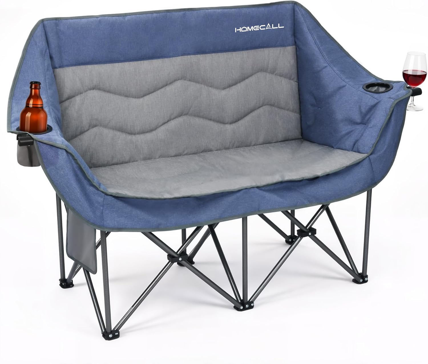 HOMECALL Double Camping Chair for Adults - Heavy Duty Folding Loveseat Support 700 lbs, 2 Person Padded Camping Couch Portable with Cup Holders & Storage Bag for Camping, Lawn, Sports, Blue