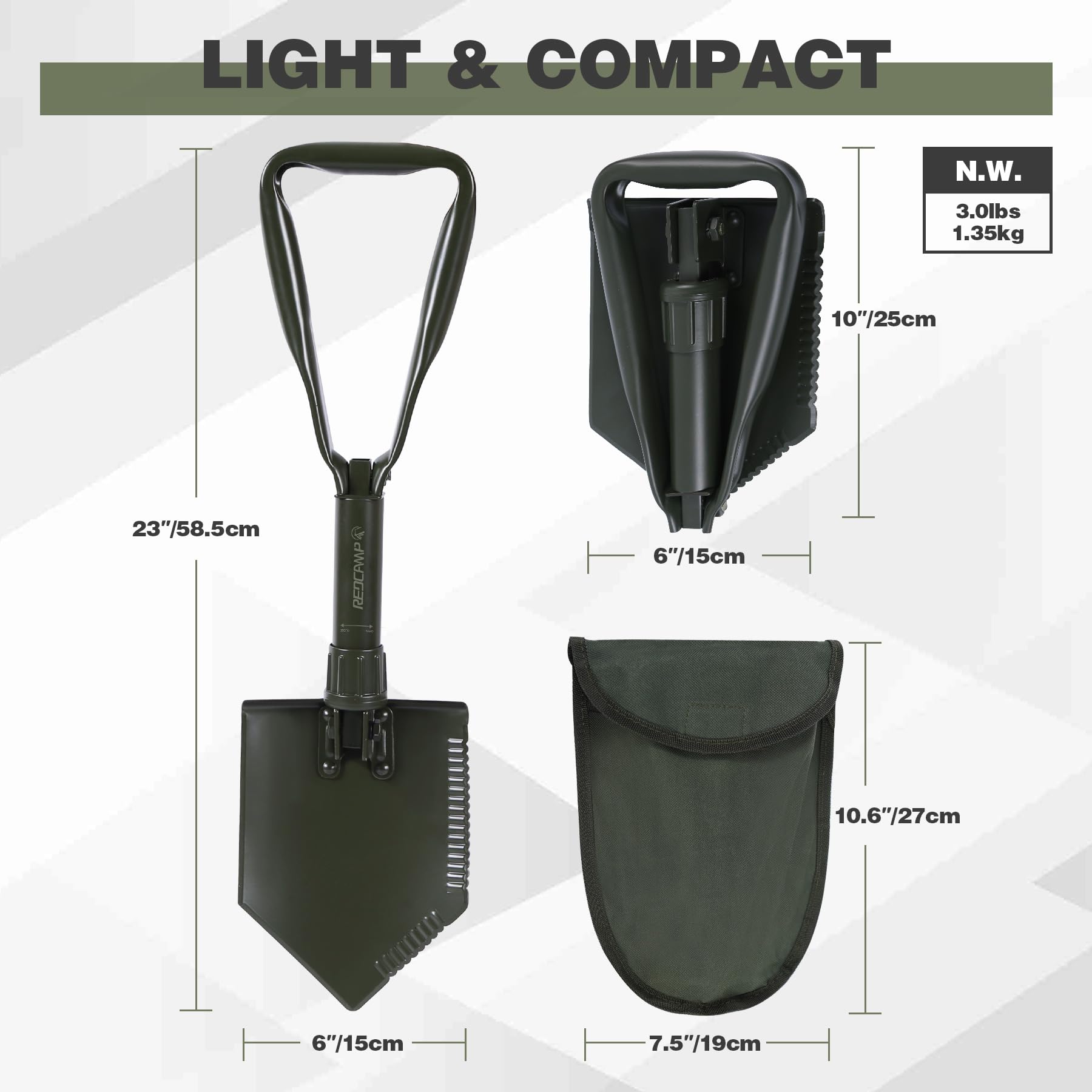 REDCAMP Pelle de Camping Pliante Militaire, Outil de retranchement en Acier à Haute teneur en Carbone, Pelle à Trois Volets avec Couvercle (Vert, 1,4 kg)