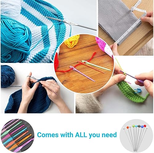 Miniatura 6 de URWOOW Juego de 100 ganchos de ganchillo con agujas de tejer de hilo, herramientas de costura, juego completo de tijeras de punto para puntada, kit