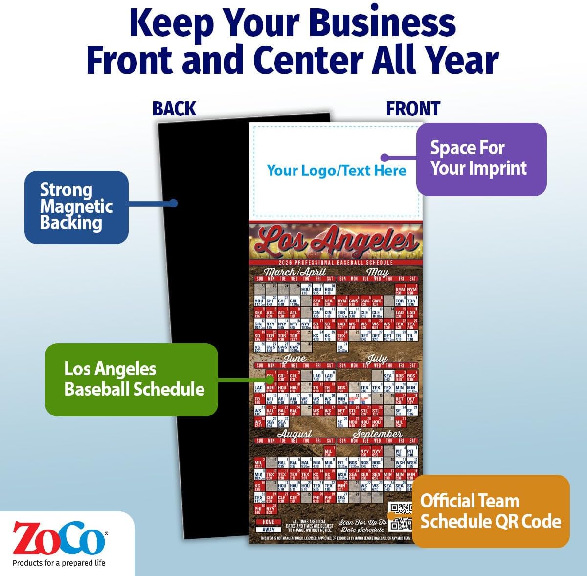 2026 Pro Baseball Sports Schedule (Los Angeles LAA) - 250 Quantity - Add Your Logo & Imprint - Fridge Magnets - Promotional Item, Business Advertising Products