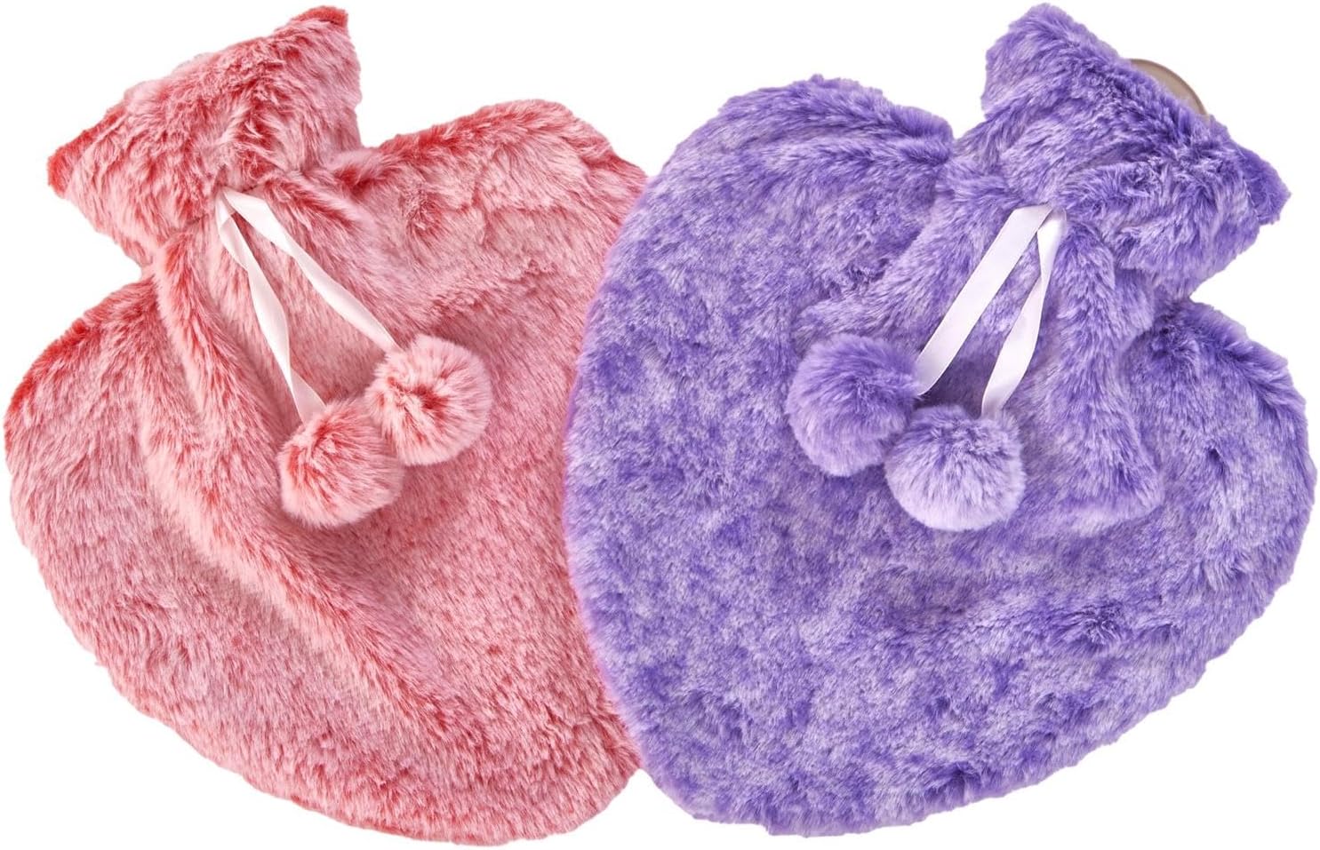 Pack of 2 Large Heart Shaped Hot Water Bottle - Natural Rubber with Faux Fur Covers - 2 x 1 Litre Ribbed Hot Water Bottles with Plush Covers (Red/Purple)