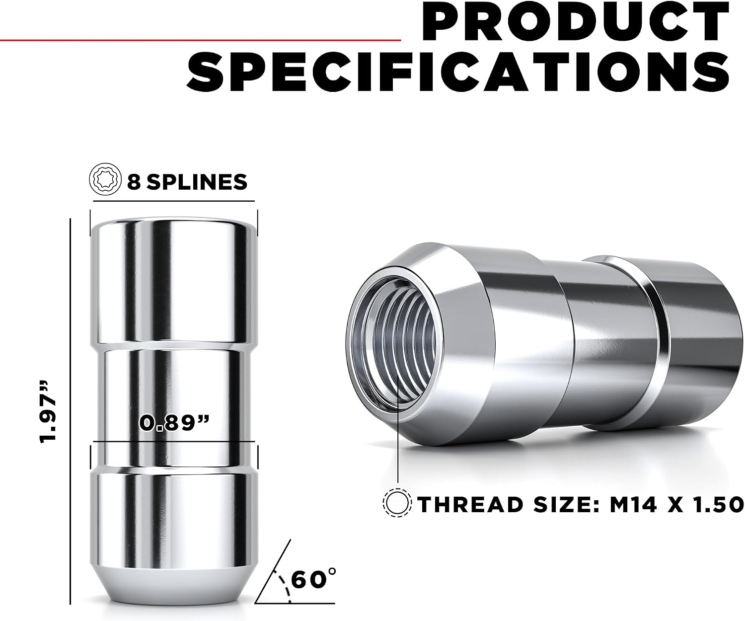 White Knight MG40910XLAM Chrome M14x1.50 Thread Size (1.97" L) Conical Seat Socket Type Wheel Locks, (Random Lock Pattern) 4 Pack