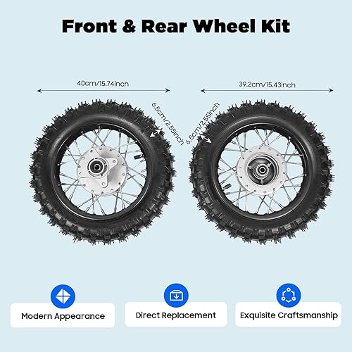 Miniatura 2 de Juego de pares de ruedas delanteras y traseras, rueda de llanta delantera y trasera con cadena y placa de cadena (2.50-10 ruedas de llanta delantera