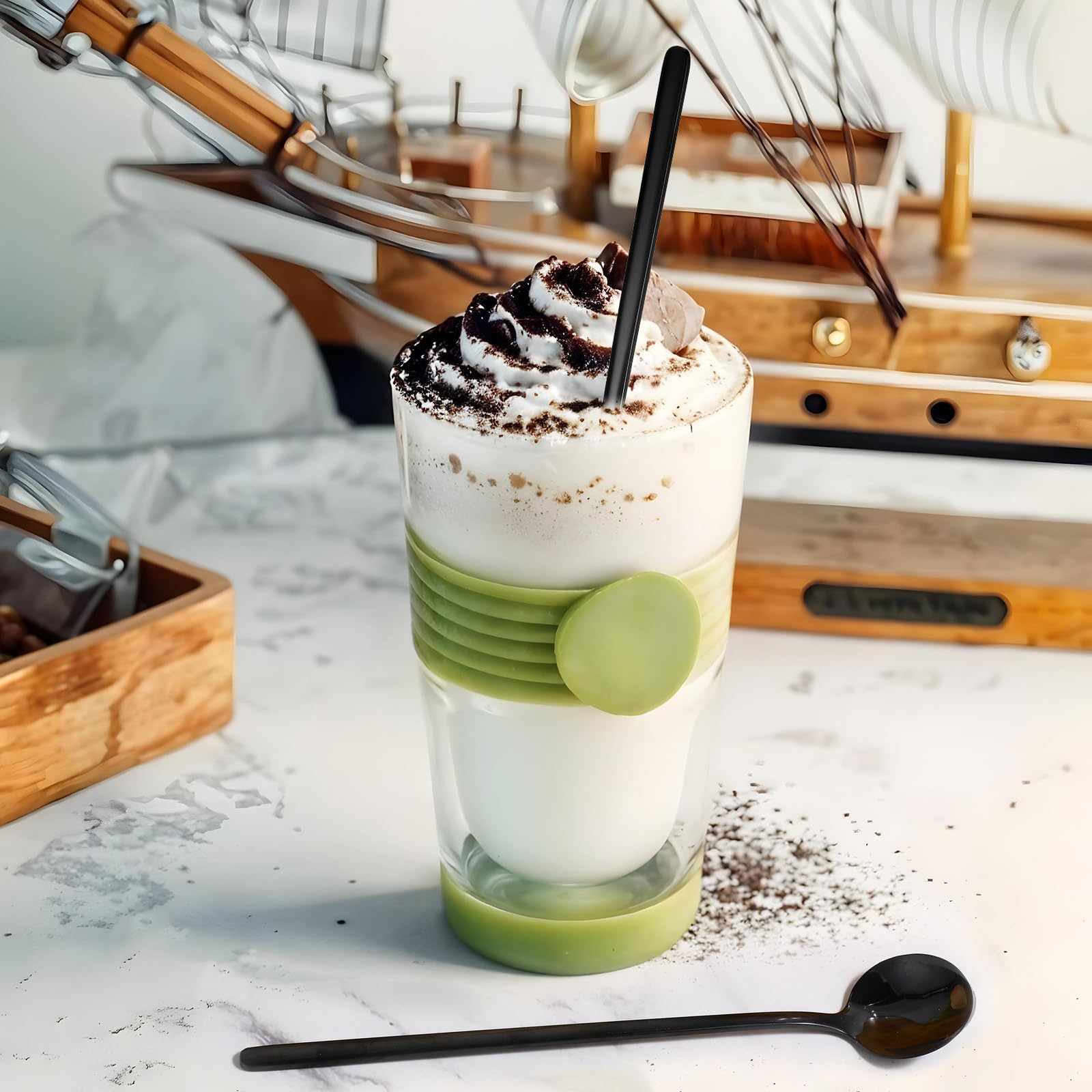 4 cucharas de café de acero inoxidable negro satinado, 6,7 pulgadas, cucharas de té helado, espresso para espresso, cucharas de postre, cucharas grandes redondas