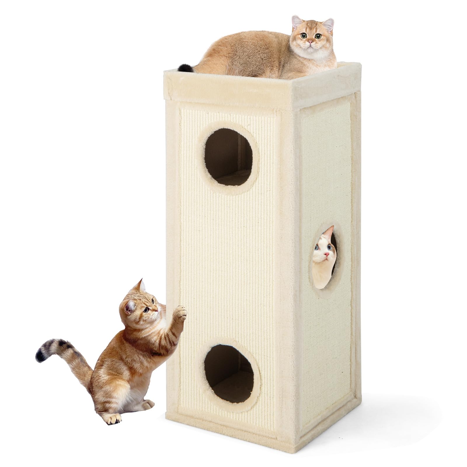 COSTWAY 4-stöckige Kratztonne Katzentonne, Kratzbaum mit Kratzbrett, 3 Höhlen & Kissen, Spieltonne für Katzen bis 25 kg, Katzenkratzbaum Katzenhaus Katzenmöbel, 40 x 40 x 99 cm (Beige)
