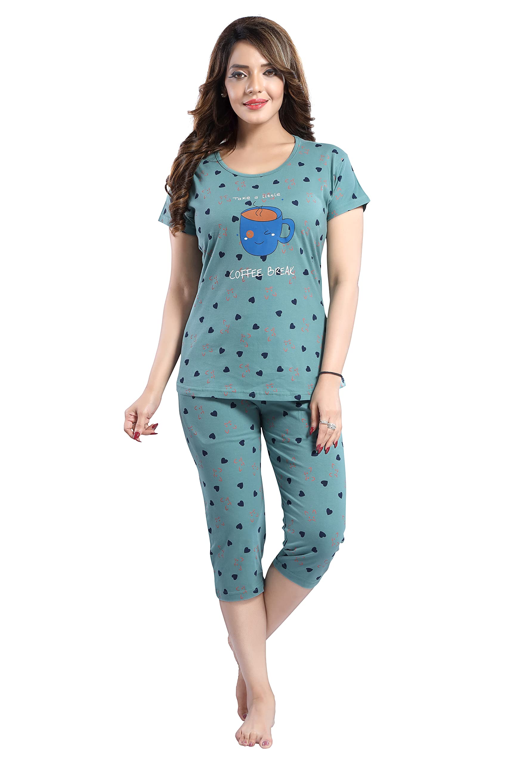 Women's Night Suit Set for Women, Lounge Wear, Printed Top and Capri Set for Women Nightwear/Loungewear/Night Dress for Women Knitted T-Shirt - Capri-image-47