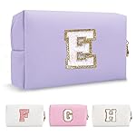 Personalized Makeup Bag Initial A-Z Preppy Patch Bag,Small PU Leather Travel Cosmetic Bag Pouch with Zipper,Purple Cute Toiletry Bag,Gift Ideal for Teen Girls Women Birthday Friend Mom,Latter E