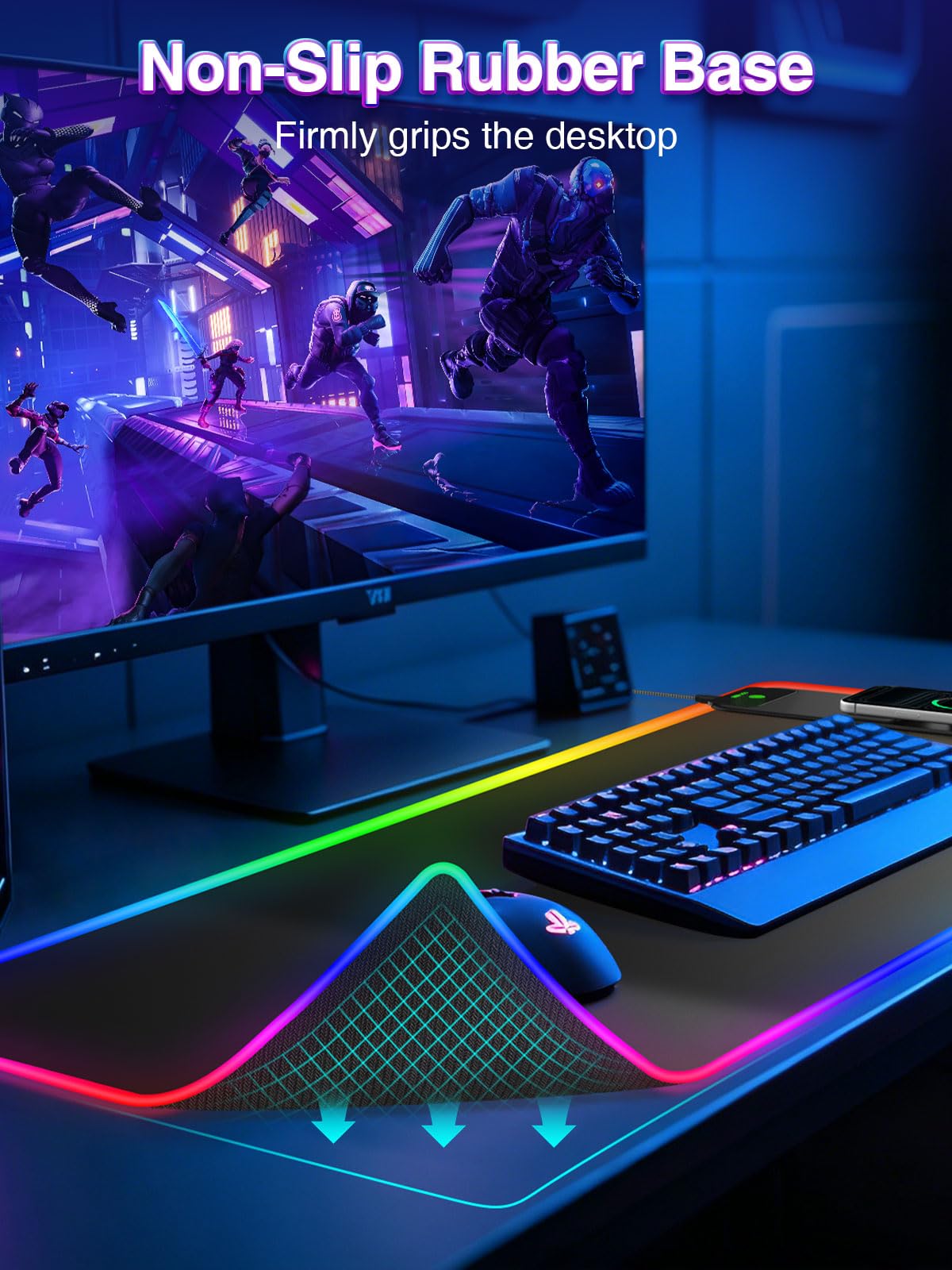 Alfombrilla de mouse RGB para juegos con cargador inalámbrico magnético de 15 W, alfombrilla de escritorio LED grande de 31.5 x 11.8 pulgadas, 24 efectos de iluminación con base de goma antideslizante