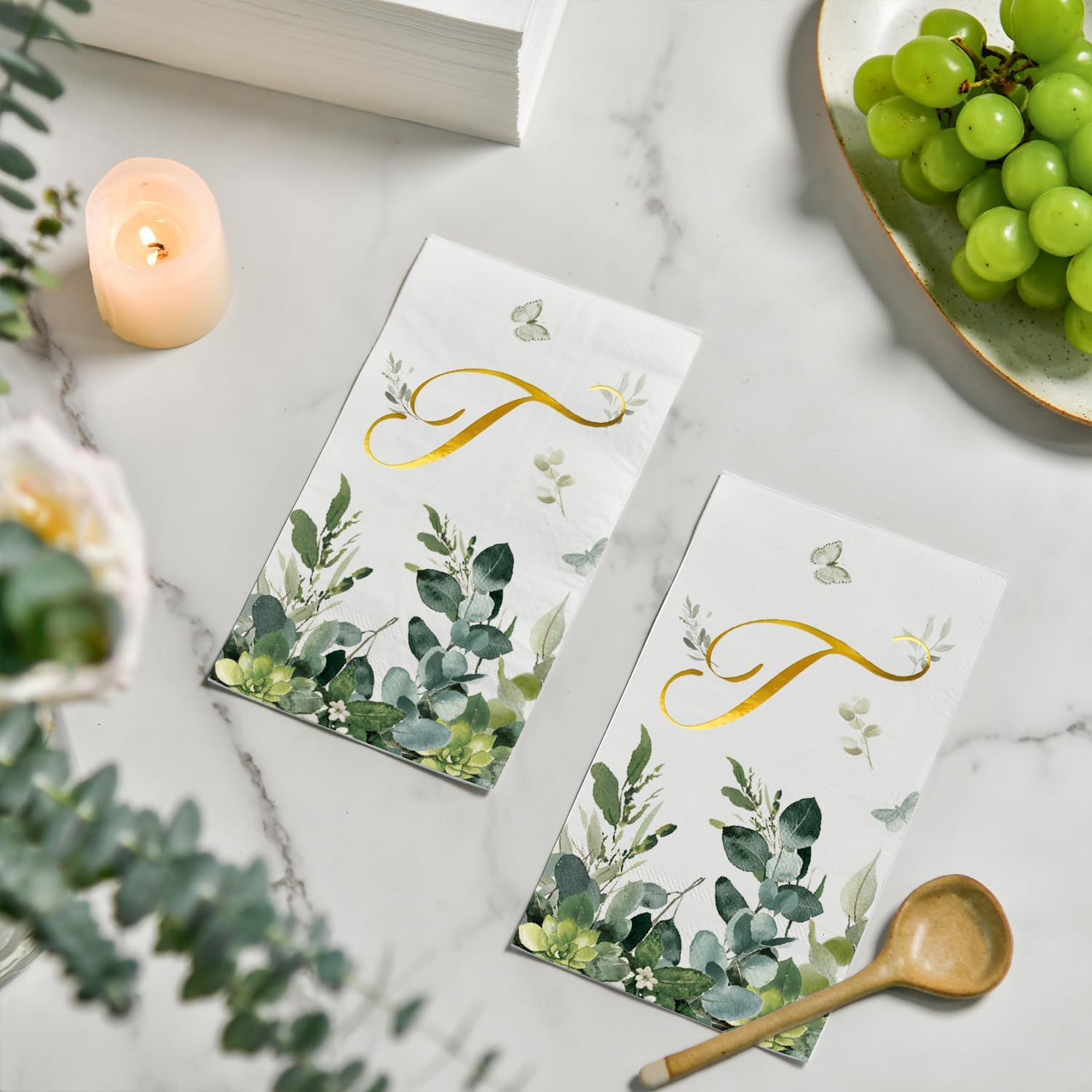 Horaldaily 100 Spring Disposable Paper Decorative Guest Napkins, Watercolor Eucalyptus Monogram Gold Foil Letter T for Party Bathroom Wedding Birthday Baby Shower image 4