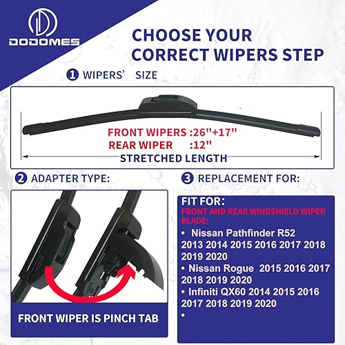 Miniatura 2 de DODOMES Limpiaparabrisas de 26 + 17 pulgadas con limpiaparabrisas trasero de 12 pulgadas de repuesto para Nissan Pathfinder R52 2013-2020 Rogue