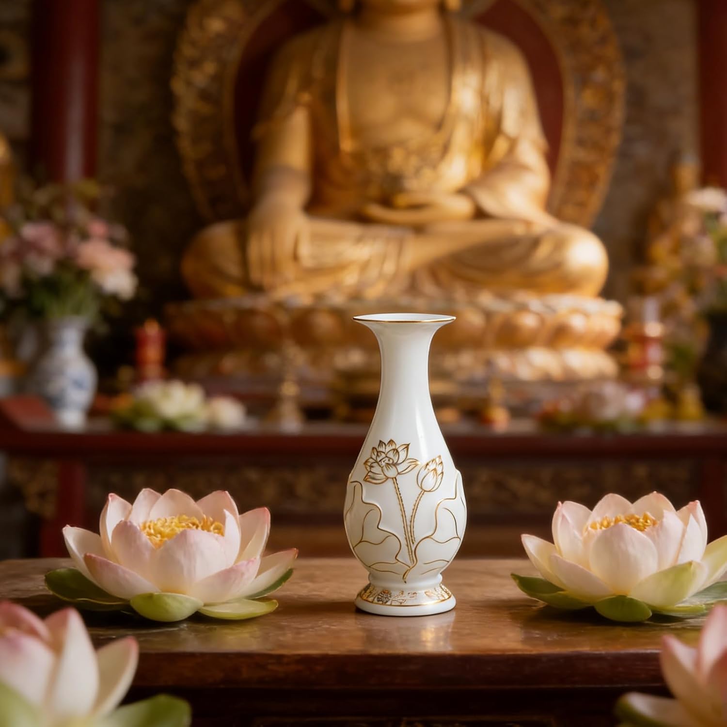 DECHOUS 1pc White Porcelain Buddha Vase for Flowers Decoration, Ceramic Floral Vase Lotus Shape