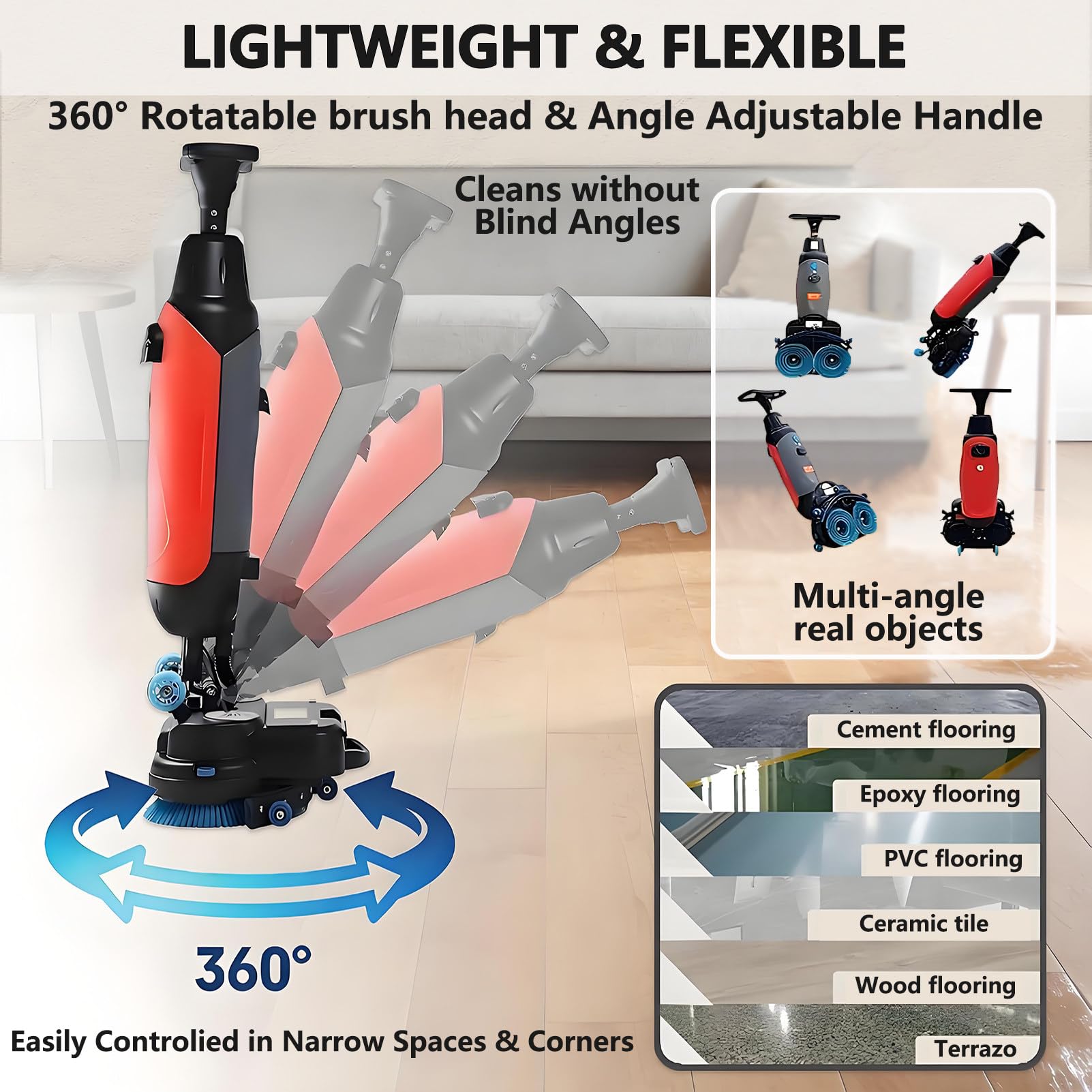 Lucidatrice per Pavimenti Multiuso, Lavasciuga per Pavimenti Professionale, con Doppie Spazzole Girevoli A 360° E Doppi Serbatoi da 4 Litri + 6 Litri, Pulizia Pavimenti Industriali Grey