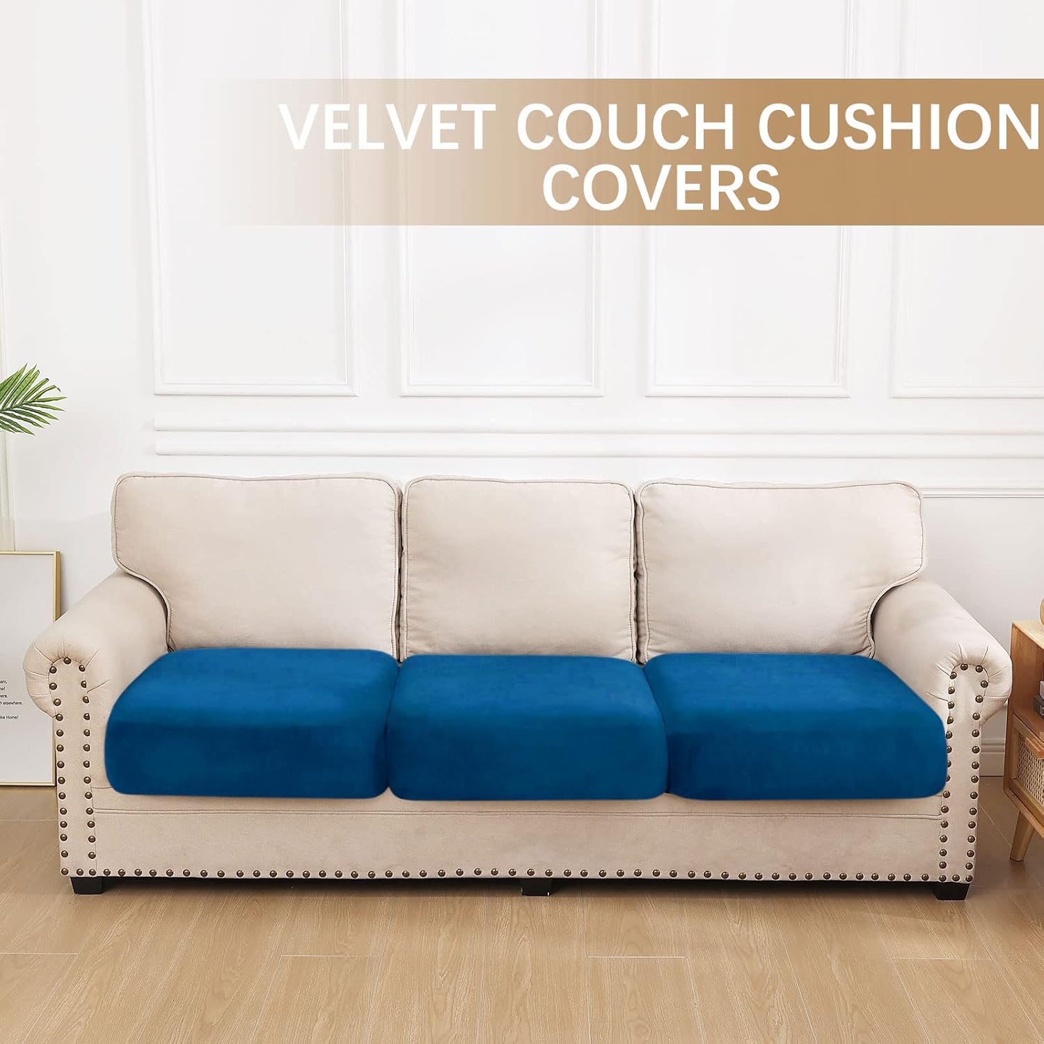 hyha Velvet Couch Cushion Covers, Soft Sofa Seat Covers for sectional 3 Cushion Couch Washable, Magic Sofa Slipcover with Elastic Bottom, Non-Slip Furniture Protector for Pets, Kid(3PC, Royal Blue)