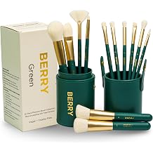 BERRY GOODS 12-Piece Makeup Brush Set with Microcrystalline Silk Fibers Ultra-Soft, Vegan & Cruelty-Free Face & Eye Brushes with Travel Case BERRY Green