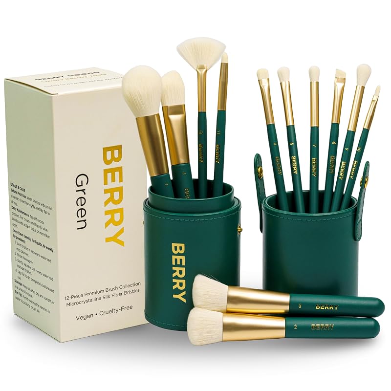 Kit de Pincéis de Maquiagem BERRY GOODS com 12 Pincéis e Estojo de Viagem, Verde-esmeralda e Dourado-fosco