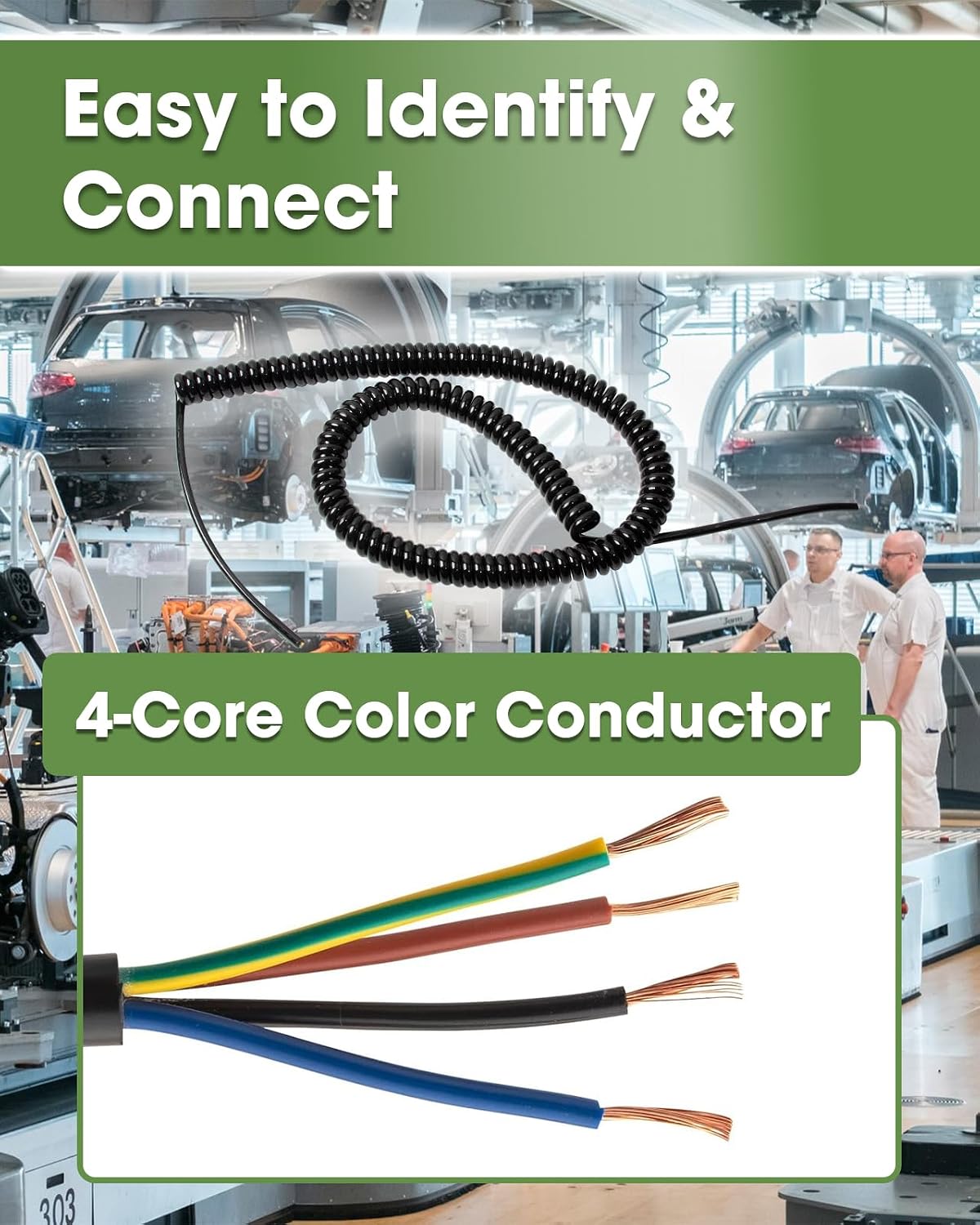 4-20-4 Heavy-Duty Coil Cord, 4 Conductor Coiled Extension Wire Cord, 18AWG 18/4 Retractable 20 Foot Extended Spring Coil Wire for Industrial & Home Use