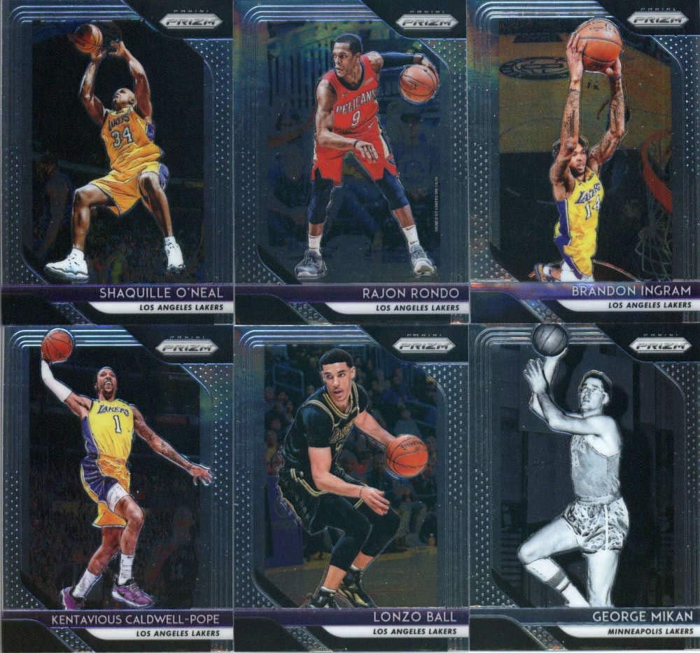 2018-19 Panini Prizm Basketball Los Angeles Lakers Team Set (Veterans) 13 Cards: LeBron James(#6), Kobe Bryant(#15), Kyle Kuzma(#16), Brandon Ingram(#26), Shaquille O'Neal(#35), Rajon Rondo(#36), Josh Hart(#46), Kentavious Caldwell-Pope(#56), Kareem Abdul-Jabbar(#115), Jerry West(#145), Wilt Chamberlain(#205), George Mikan(#285), Lonzo Ball(#294)