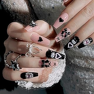 BABALAL Press on Nails Medium Coffin Fake Nails Black Gothic Glue ons Cute Heart Anime Charm Design Acrylic Nails 24Pcs Luxury Bling Ballerina Manicure DIY Goth False Nail for Women Girls