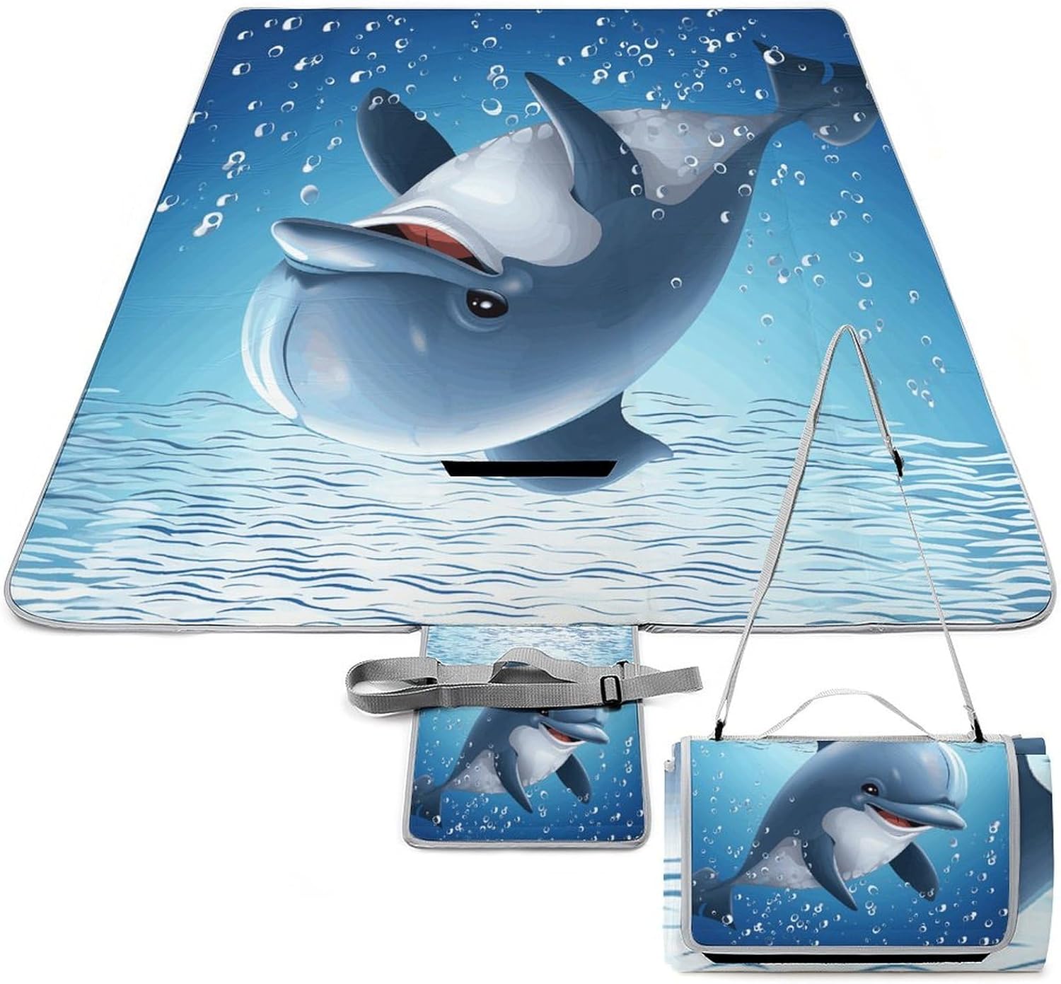 Baby Dolphin Waterproof Picnic Blanket 58.3''x58.3'',Portable and Foldable Picnic Mat with Handle,Outdoor Blankets for Lawn Park Beach Travel