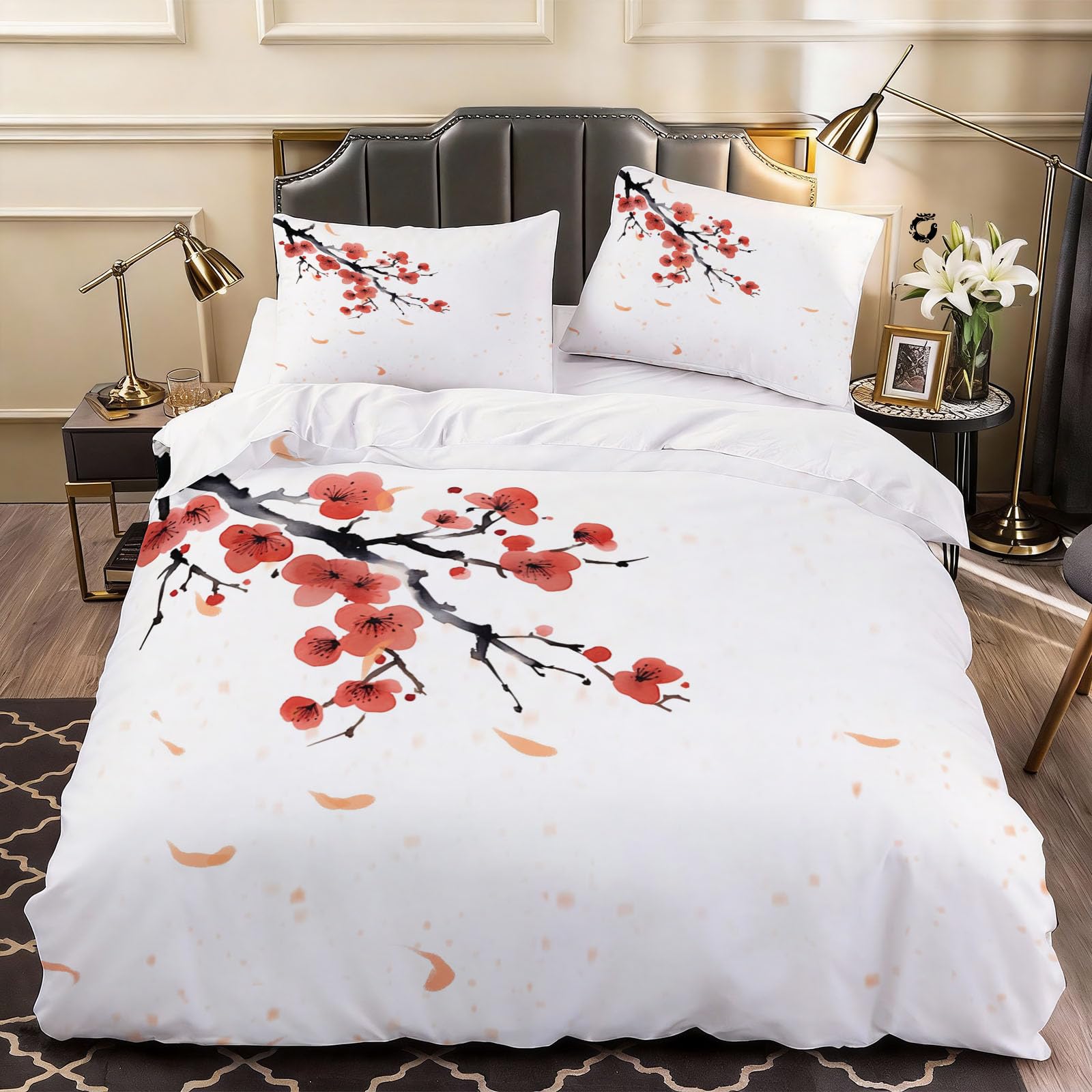 3D Cherry Blossoms Duvet Cover Chinese Painting Bedding Double Bed Set, Soft Microfiber Comforter Cover Printed with Zipper Closure Quilt Coverr 200x200 cm and 2 Pillowcases