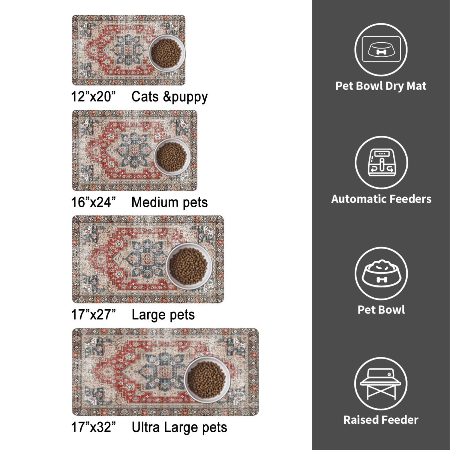 QXWREL Dog Food Mat for Floors Absorbent Pet Cat Food Bowl Mat, 12x20 in, Bohemia 6, 50.8L x 50.8W cm - Image 6