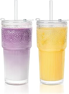 20oz Ribbed & Floral Glass Tumbler Set of 2 – Reusable Glass Cups with Lid and Glass Straw, Iced Coffee Cups for Water, Smoothie, Milk, Cocktail & More – Perfect for Daily Use & Travel