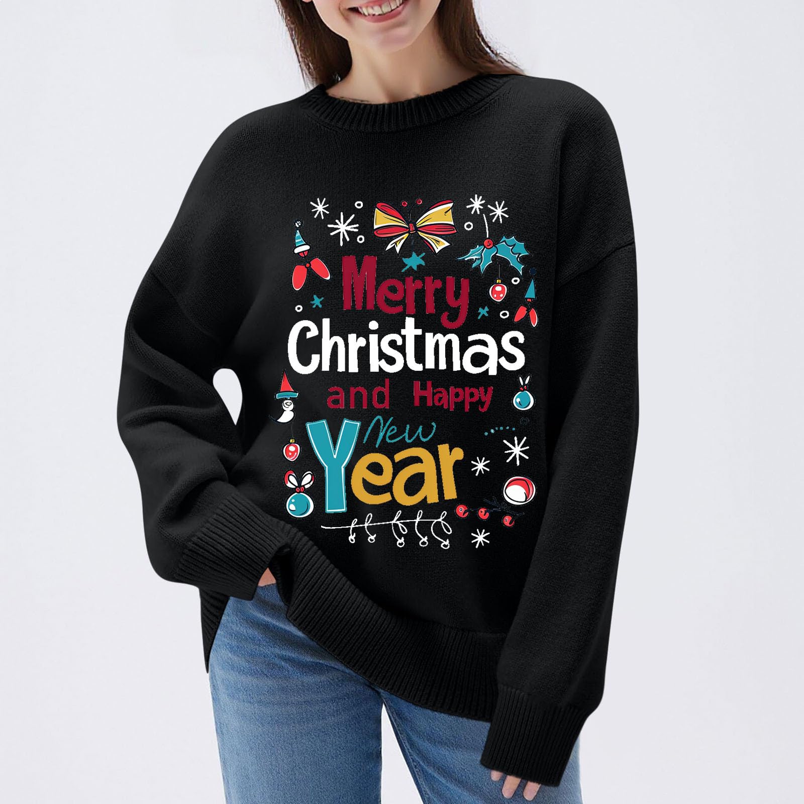Suéteres de Navidad para mujer, diseño de Feliz Navidad y Feliz Año Nuevo, suéteres de Navidad de punto acanalado para mujer, otoño e invierno, cuello redondo, divertida, novedosa, talla grande