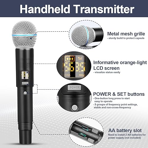 Miniatura 4 de Depusheng R4 - Micrófonos inalámbricos para karaoke profesional, 4 canales, sistema de micrófono inalámbrico de mano, micrófono dinámico de metal