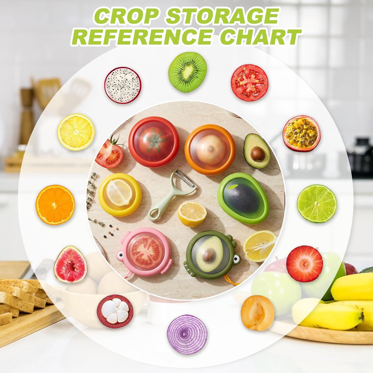 18Pack Fresh Produce Storage Pods with Fruit Peeler, Reusable Fridge Containers for Avocado, Onion, Tomato, Lemon & Garlic