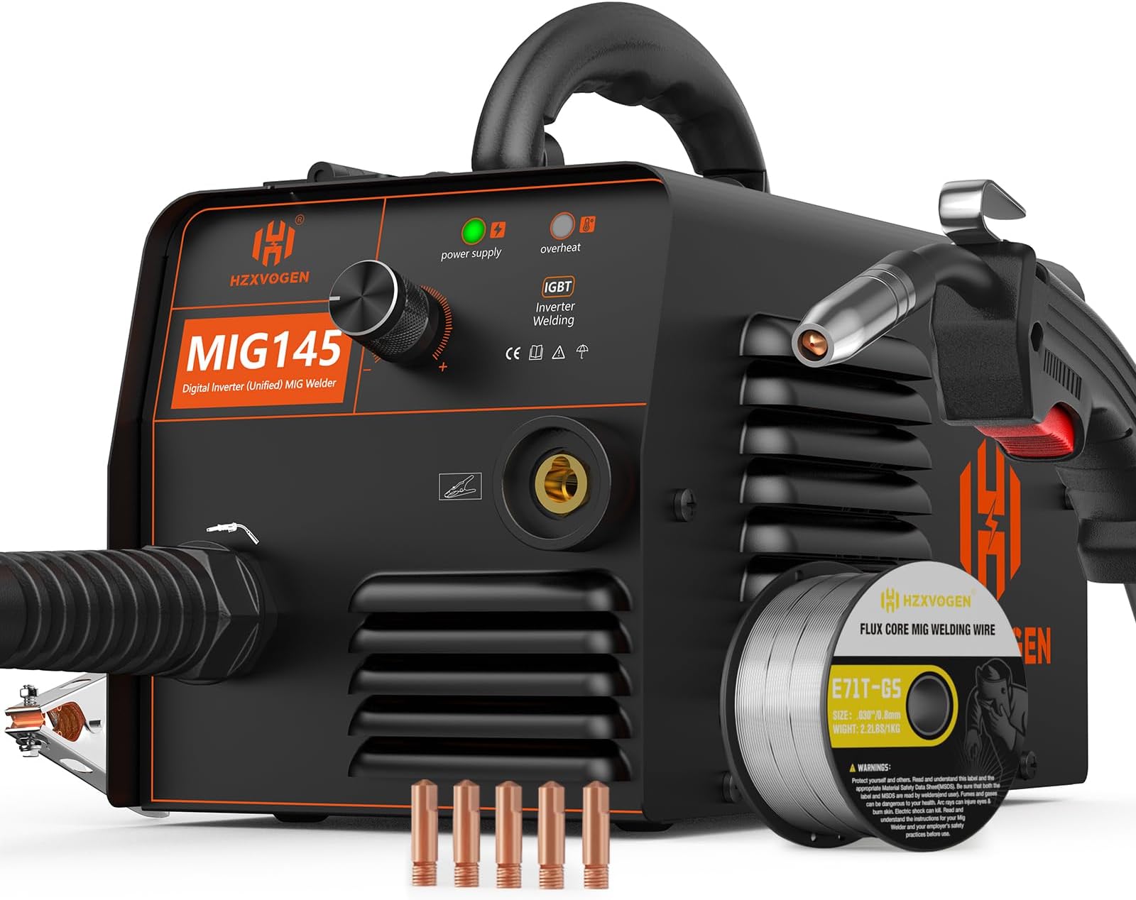 H HZXVOGEN 145A MIG Welder, 110V/220V Flux Core Welder Machine with Synergy, IGBT Inverter Portable Gasless Welder Equipment Dual Voltage Wire Feed MIG Welding Machine