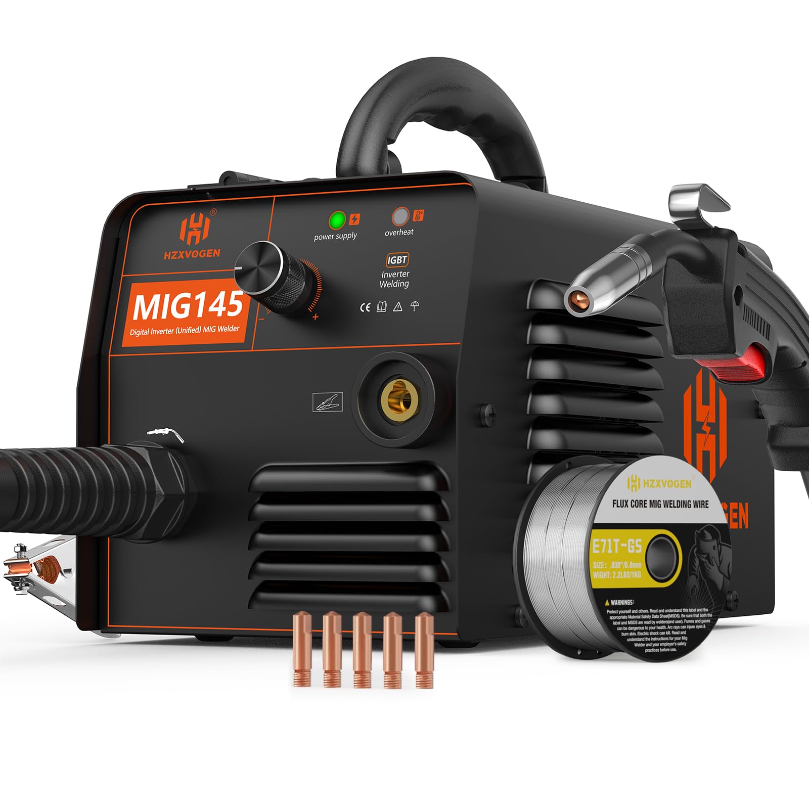 H HZXVOGEN 145A MIG Welder, 110V/220V Flux Core Welder with Synergy, IGBT Inverter Portable Gasless Welder Equipment Dual Voltage MIG Welding Machine