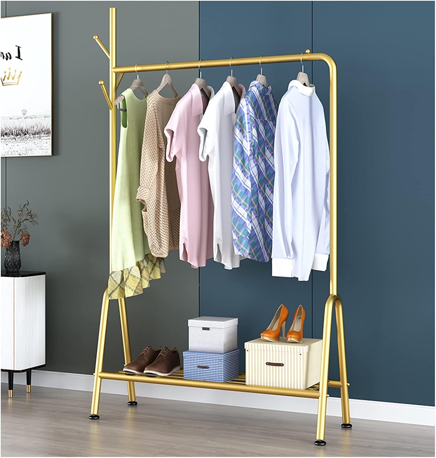 Clothes Rail with Bottom Storage Shelf & Side Hooks, Modern Clothes Rack Garment Display Stand for Bedroom Entryway (Gold-150cm