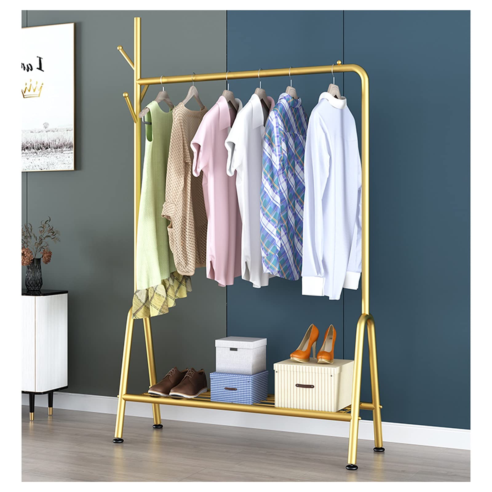 YNBSHGAA Heavy Duty Clothes Rack with Bottom Shelf & Side Hooks, Portable Garment Rack for Bedroom, Entryway, Black,Gold-120cm
