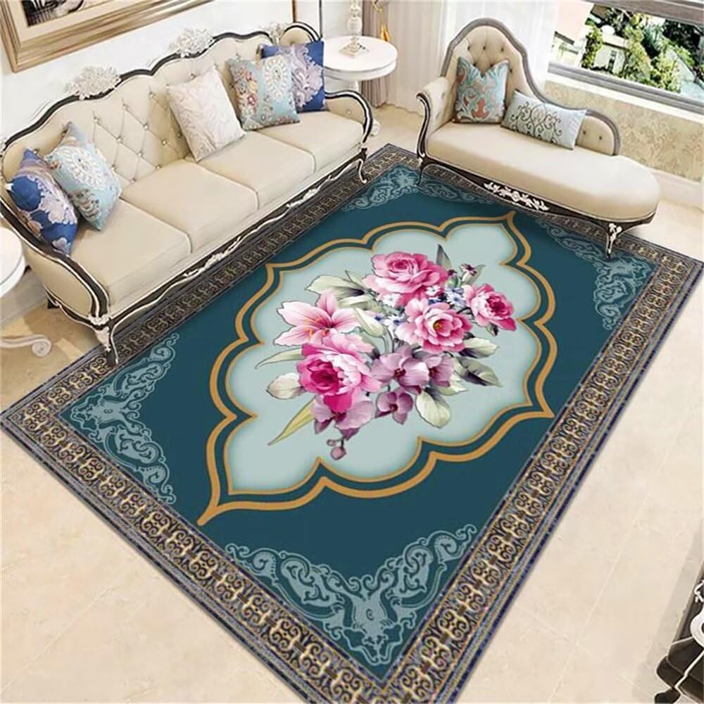 Tapis coloré 160X230CM style européen bleu déco florale rose salon