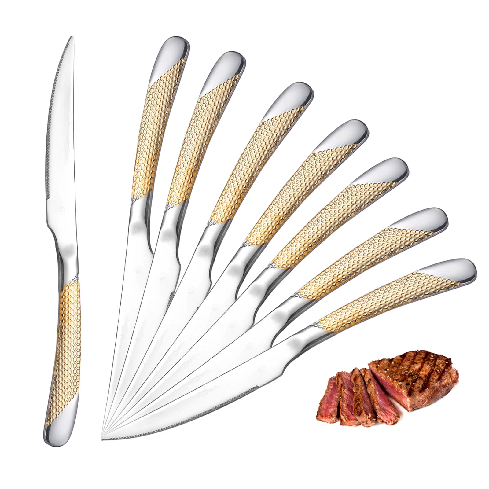 snplowum Elegant 8pcs Dinner Knife, Mirror Polish Stainless Steel Sharp Serrated Knife For Kitchen Restaurant Home, Silver With Gold, 9-Inch