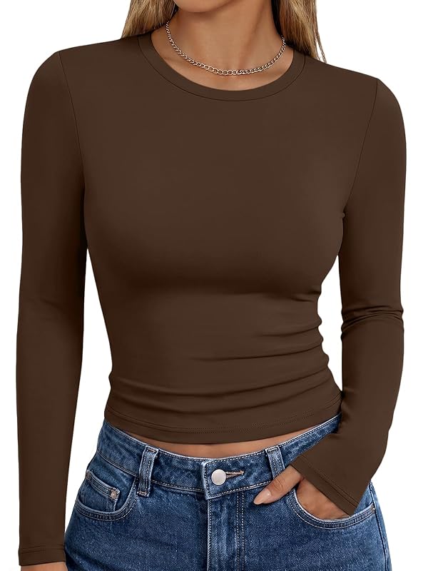 Trendy Queen Playeras de Manga Larga para Mujer Moda Otoñal Básica Y2K Talla M Color Chocolate