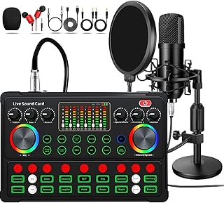 M300 Podcast Equipment Bundle, with Podcast Condenser Microphone, Voice Changer Sound Card with Multiple Sound Effects and LED Light, Prefect for Streaming/Podcasting/Gaming/Recording/YouTube/PC