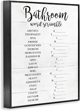 Bathroom Word Scramble White and Black, 11 x 14 Inch Framed Giclee Print