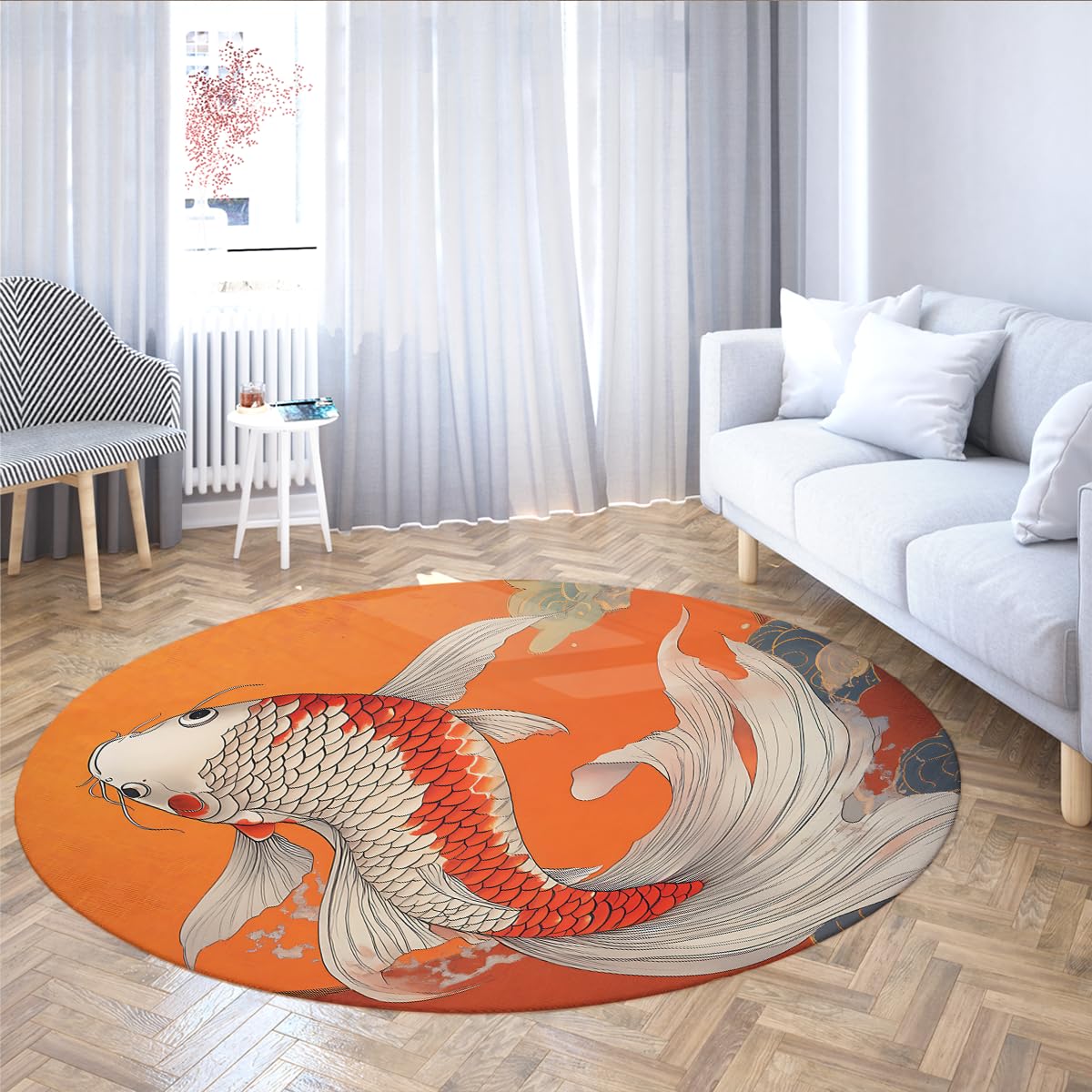 Tapis de sol décoratif pour coin lecture zen au salon motif carpe Koï orange 150cm