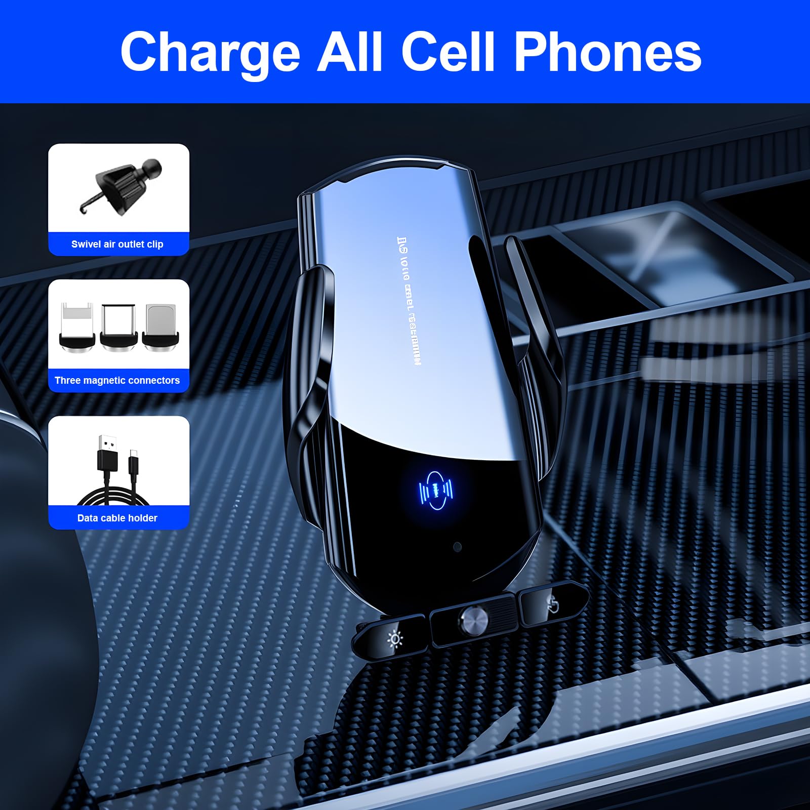 Supporto per telefono da auto con caricatore wireless, caricatore wireless da auto 15W a ricarica rapida, supporto con aggancio automatico a ventosa per auto/cruscotto/bocchetta dell'aria/parabrezza