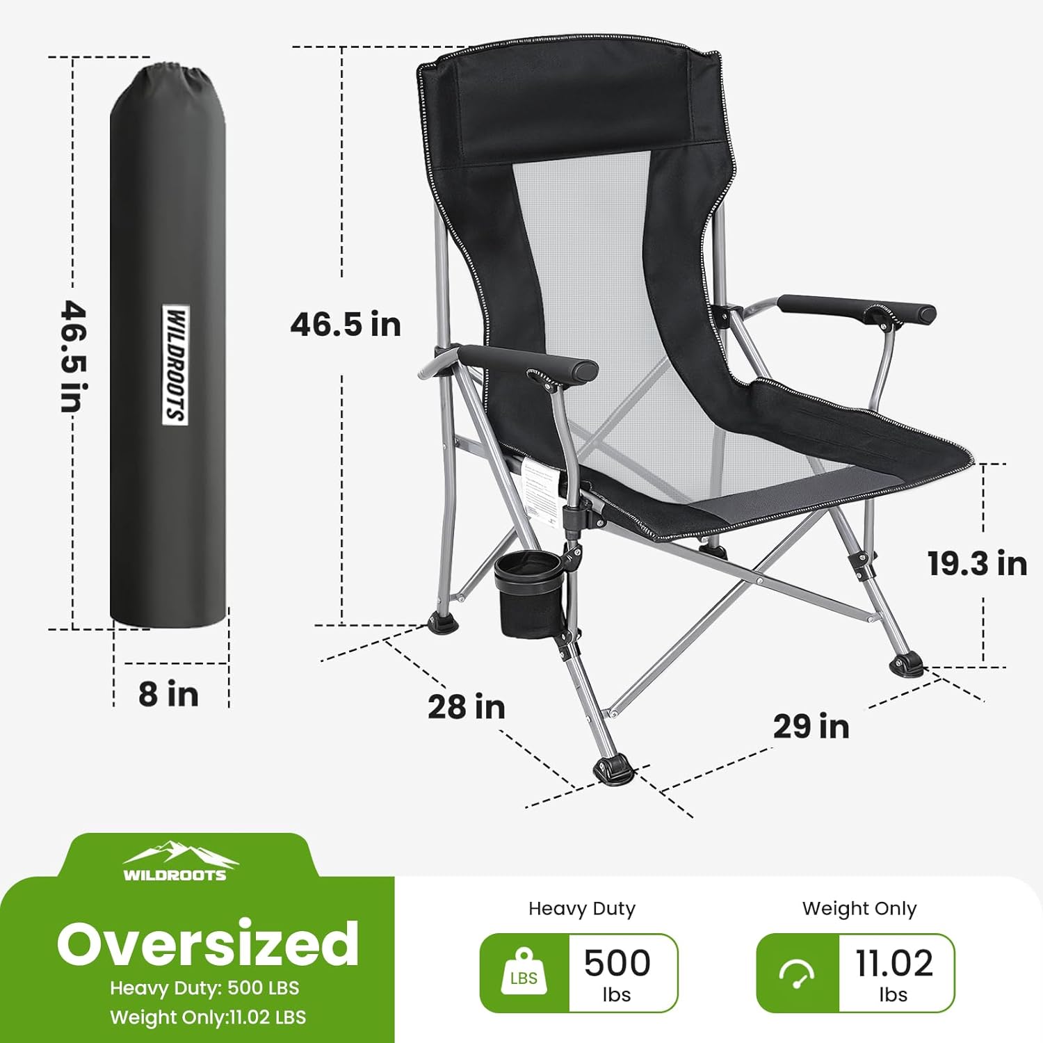 WILDROOTS XXL Mesh Camping Chair - Heavy Duty High Backrest Outdoor Chair