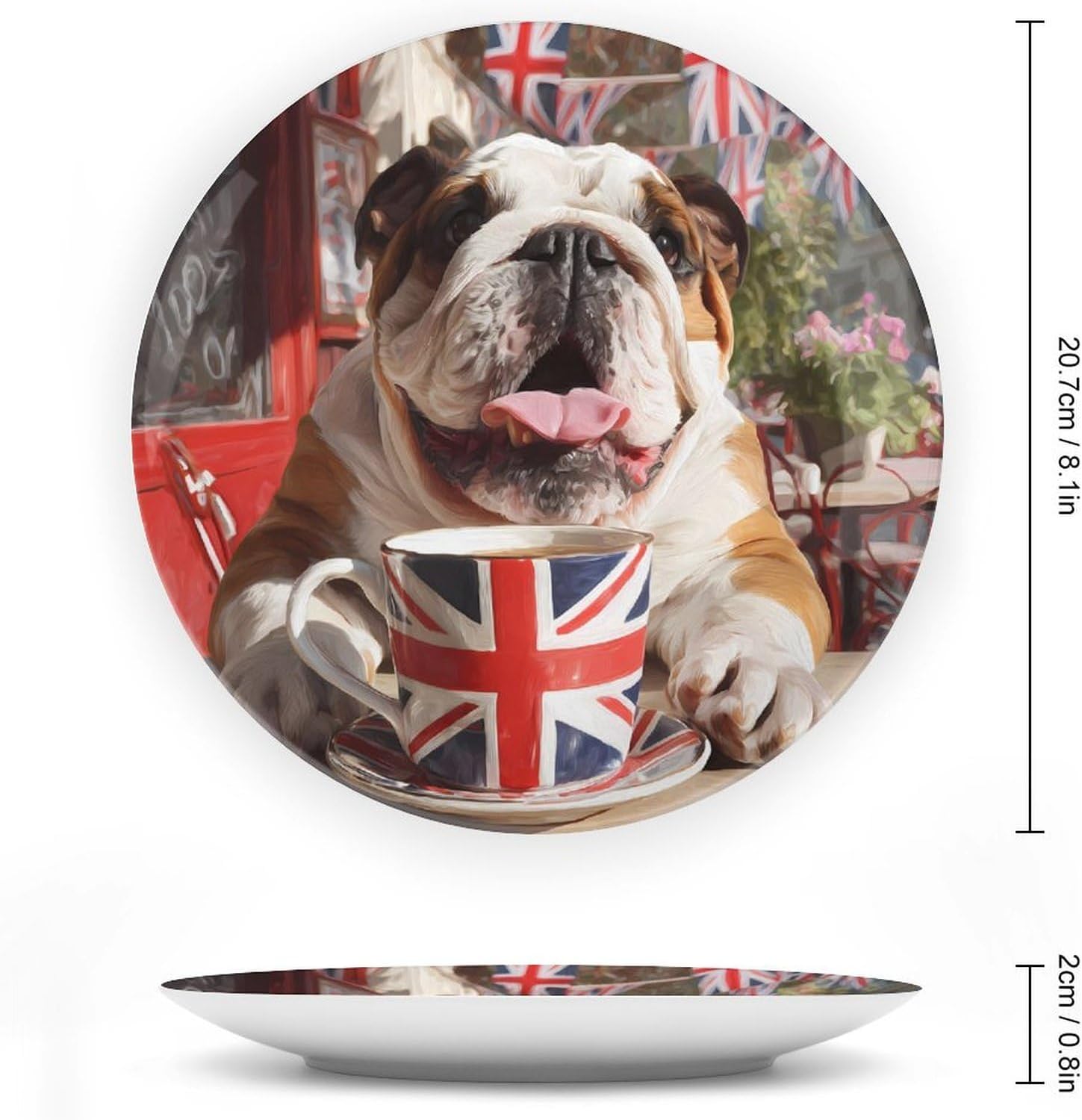 English Bulldog UK Flag Novelty Decorative Plate with Display Stand Ceramic Ornament Hanging Wall Decor
